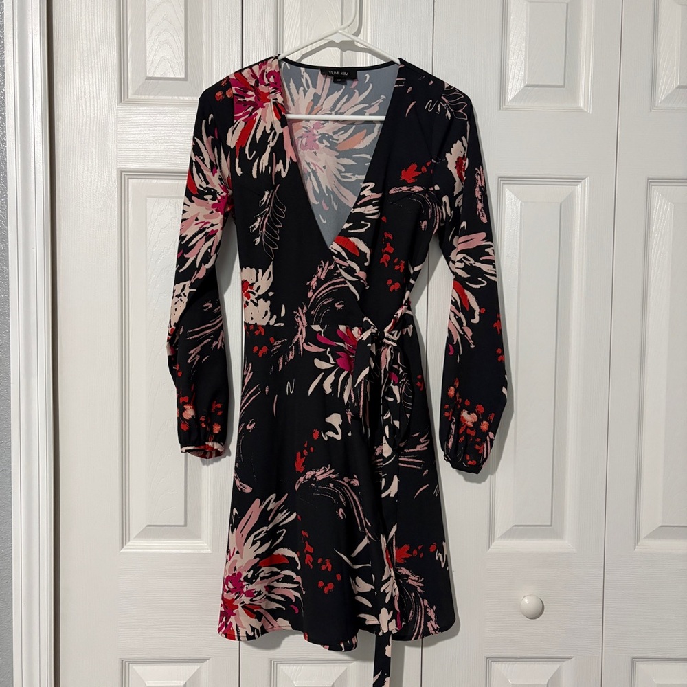 Yumi Kim Black and Pink Floral Long Sleeve Dress